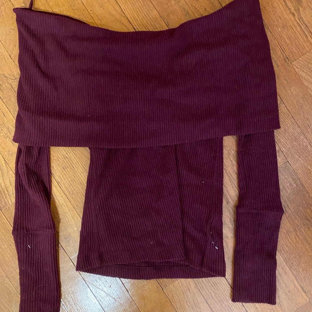 Off-Shoulder Ribbed Knit Top - Burgundy
